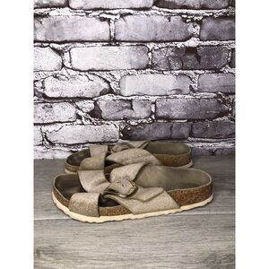 Birkenstock ARIZONA Beige Metallic Leather Strap Slides Sandals Women Sz 38EU/7M